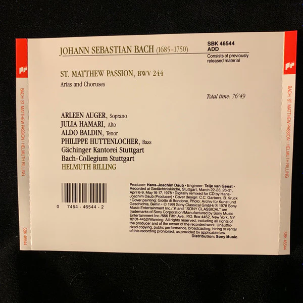 Johann Sebastian Bach / Arleen Auger • Julia Hamari • Aldo Baldin • Philippe Huttenlocher • Gächinger Kantorei Stuttgart • Bachcollegium Stuttgart • Helmuth Rilling - Matthäus-Passion BWV 244 - Arien Und Chöre (CD) - Image 2