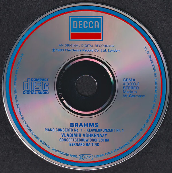 Brahms* / Vladimir Ashkenazy, Concertgebouw Orchestra*, Bernard Haitink - Piano Concerto No.1 (Klavierkonzert Nr.1) (CD) - Image 3