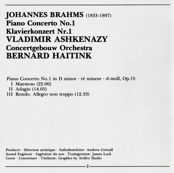 Brahms* / Vladimir Ashkenazy, Concertgebouw Orchestra*, Bernard Haitink - Piano Concerto No.1 (Klavierkonzert Nr.1) (CD) - Image 4
