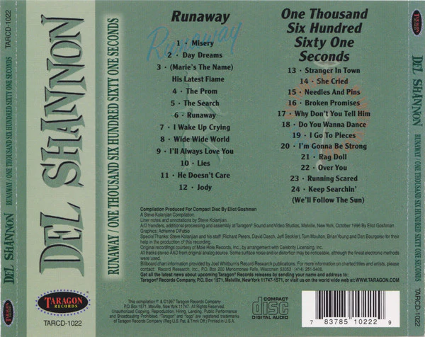 Del Shannon - Runaway / One Thousand Six Hundred Sixty One Seconds (CD) - Image 3