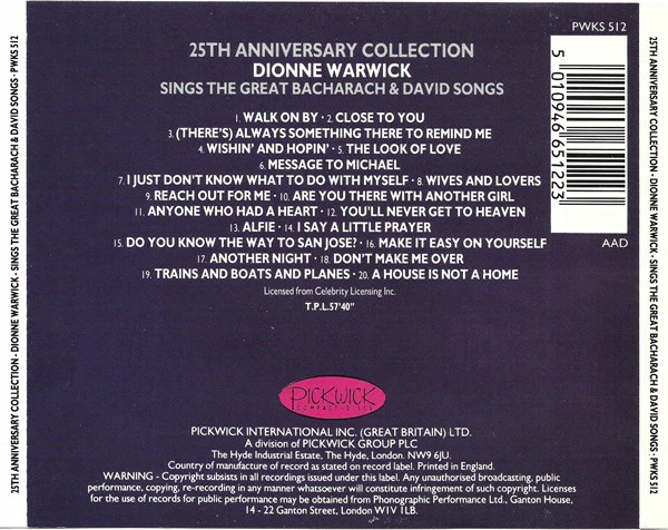 Dionne Warwick - 25th Anniversary Collection: Dionne Warwick Sings The Great Bacharach & David Songs (CD) - Image 3