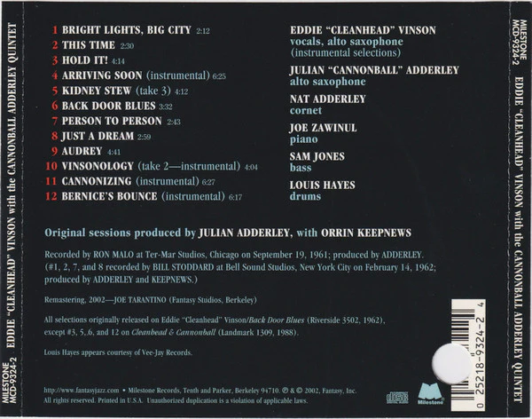 Eddie "Cleanhead" Vinson With The Cannonball Adderley Quintet - Cleanhead & Cannonball (CD) - Image 2