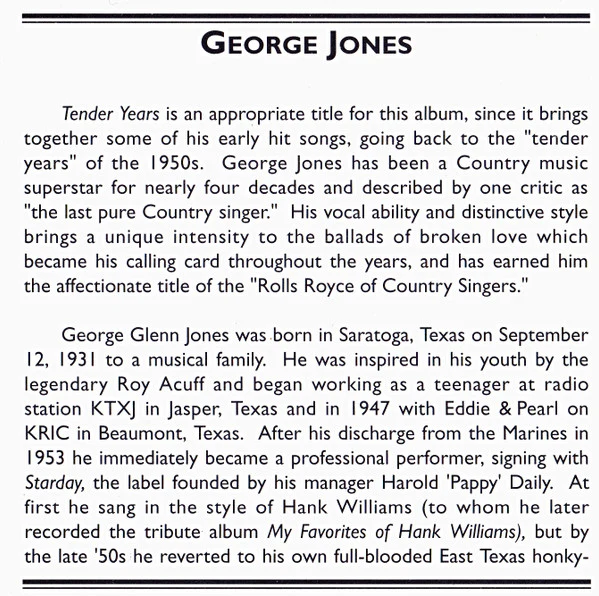 George Jones  - Tender Years (CD) - Image 2