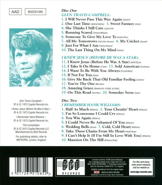 Glen Campbell - Glen Travis Campbell/I Knew Jesus (Before He Was A Star)/I Remember Hank Williams (CD) - Image 2