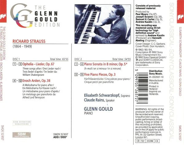 Glenn Gould, Richard Strauss, Elisabeth Schwarzkopf, Claude Rains - Ophelia-Lieder, Op. 67; Enoch Arden, Op. 38; Piano Sonata, Op. 5; 5 Piano Pieces, Op. 3 (CD) - Image 2