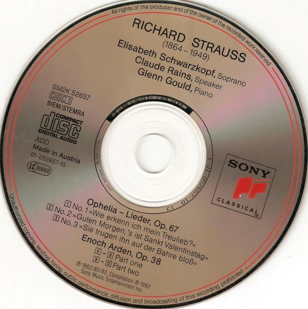 Glenn Gould, Richard Strauss, Elisabeth Schwarzkopf, Claude Rains - Ophelia-Lieder, Op. 67; Enoch Arden, Op. 38; Piano Sonata, Op. 5; 5 Piano Pieces, Op. 3 (CD) - Image 3