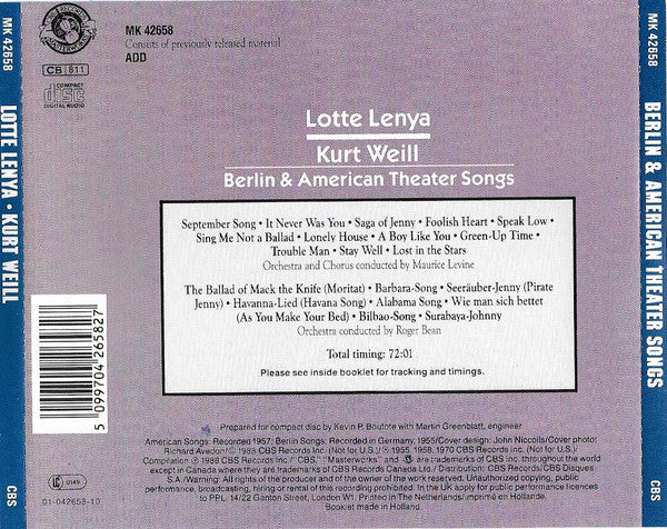 Lotte Lenya • Kurt Weill - Berlin & American Theater Songs (CD) - Image 4