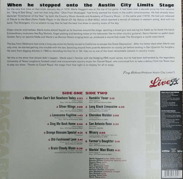 Merle Haggard - Live From Austin TX (1978) (LP, Album, RE) - Image 2