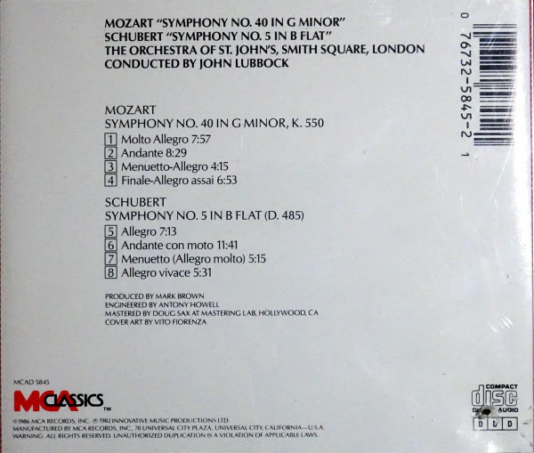 Wolfgang Amadeus Mozart / Franz Schubert, The Orchestra Of St. John's, John Lubbock - Symphony No. 40 In G Minor - Symphony No. 5 In B Flat (CD) - Image 2