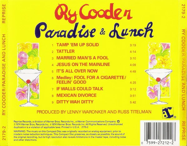 Ry Cooder - Paradise And Lunch (CD) - Image 2