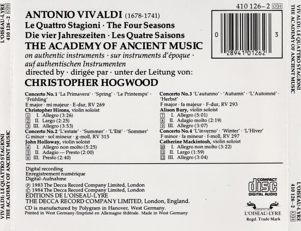 Vivaldi* - The Academy Of Ancient Music, Christopher Hogwood, Alison Bury, Catherine Mackintosh, Christopher Hirons, John Holloway - Le Quattro Stagioni = The Four Seasons = Die Vier Jahreszeiten = Les Quatre Saisons (CD) - Image 2